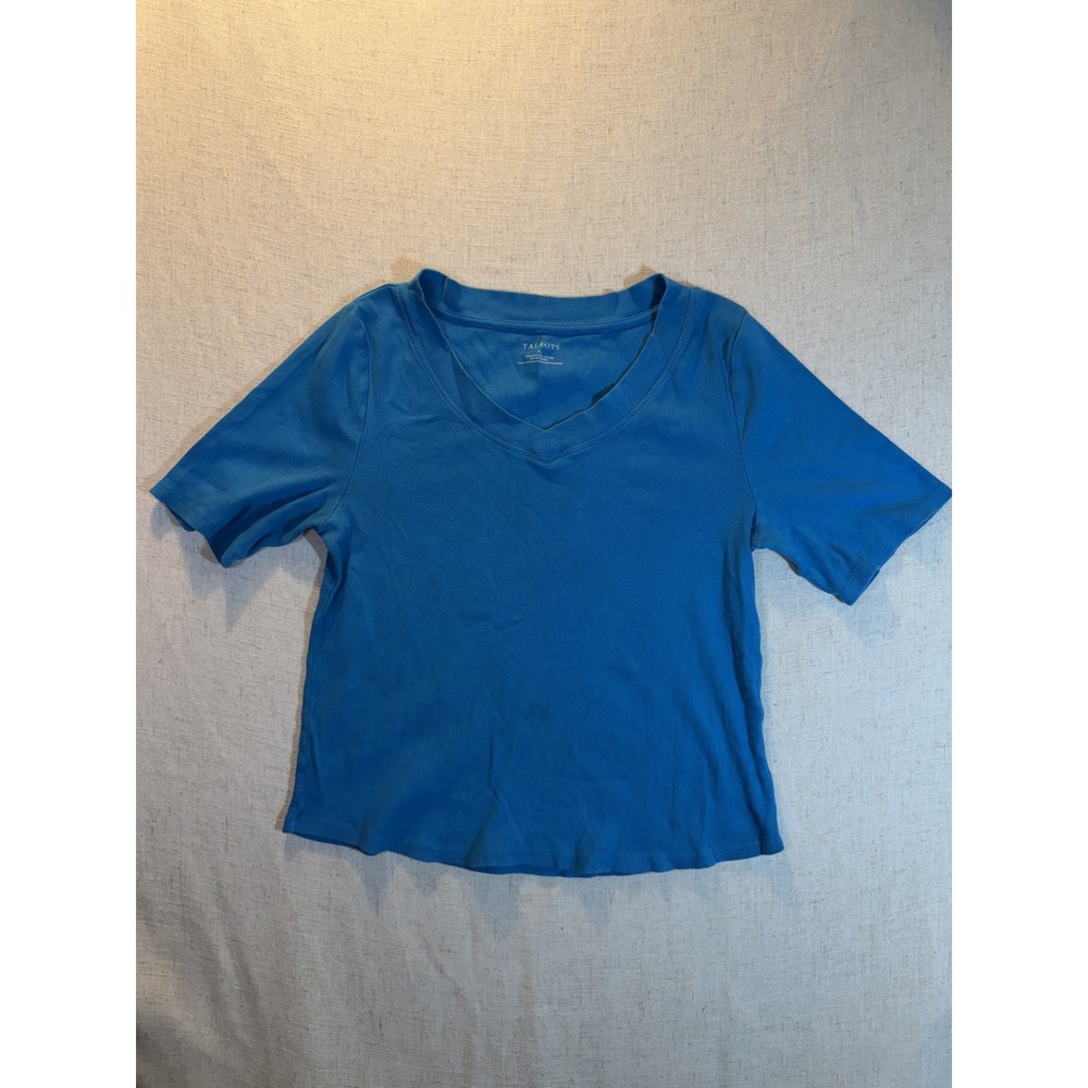 Talbots Womens XL Blue Ribbed V-Neck Short Sleeve Cotton Blend T-Shirt